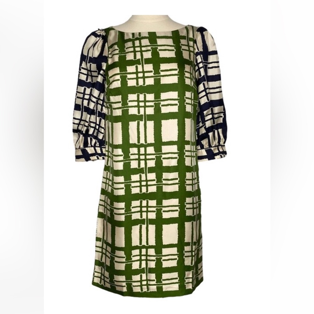 Anthropologie Green Maeve Broken Blocks Silk Shift Short Casual Dress